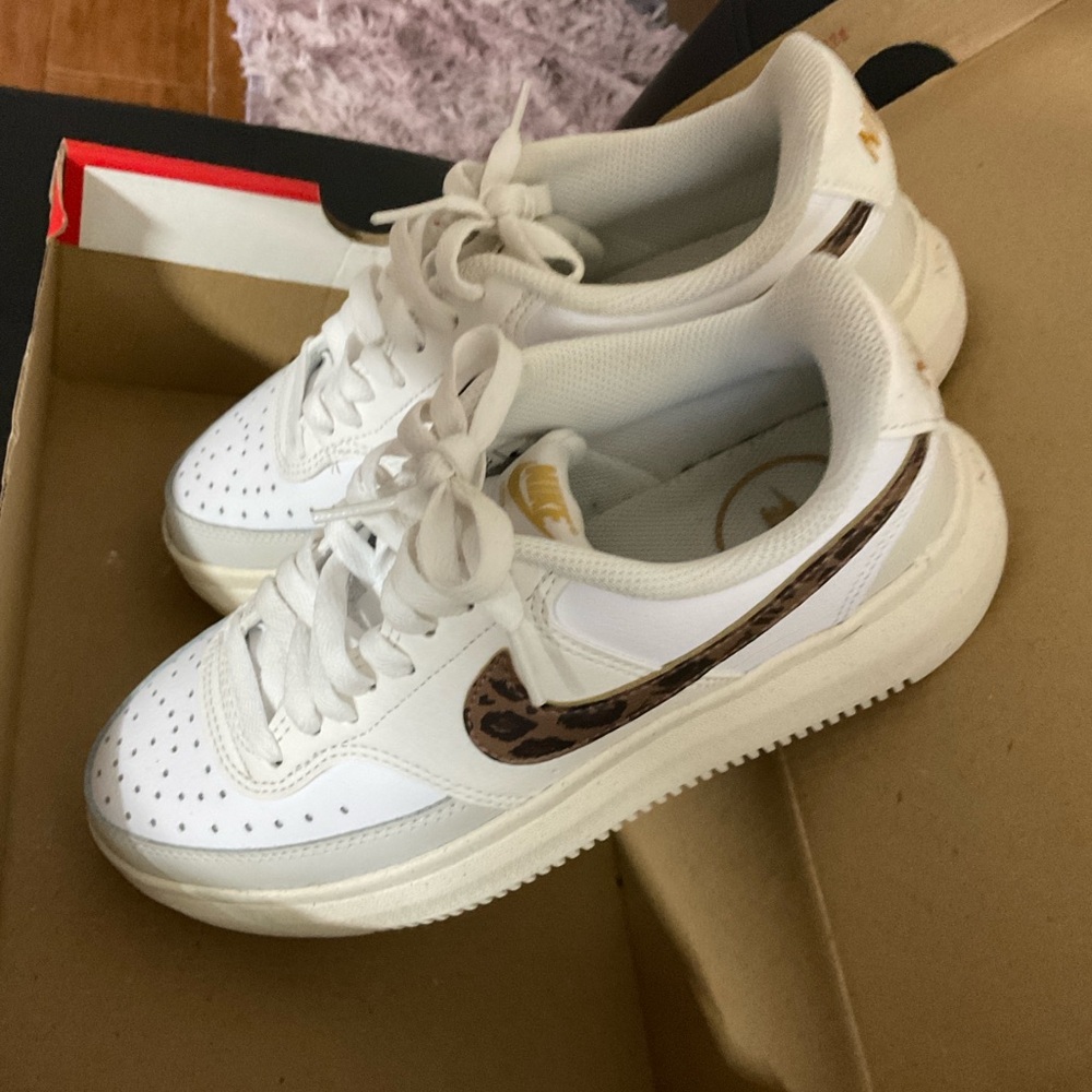 Nike White Sneakers with Leopard Print Swoosh